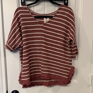 Casual Striped Fringe Hem Top - Red and White